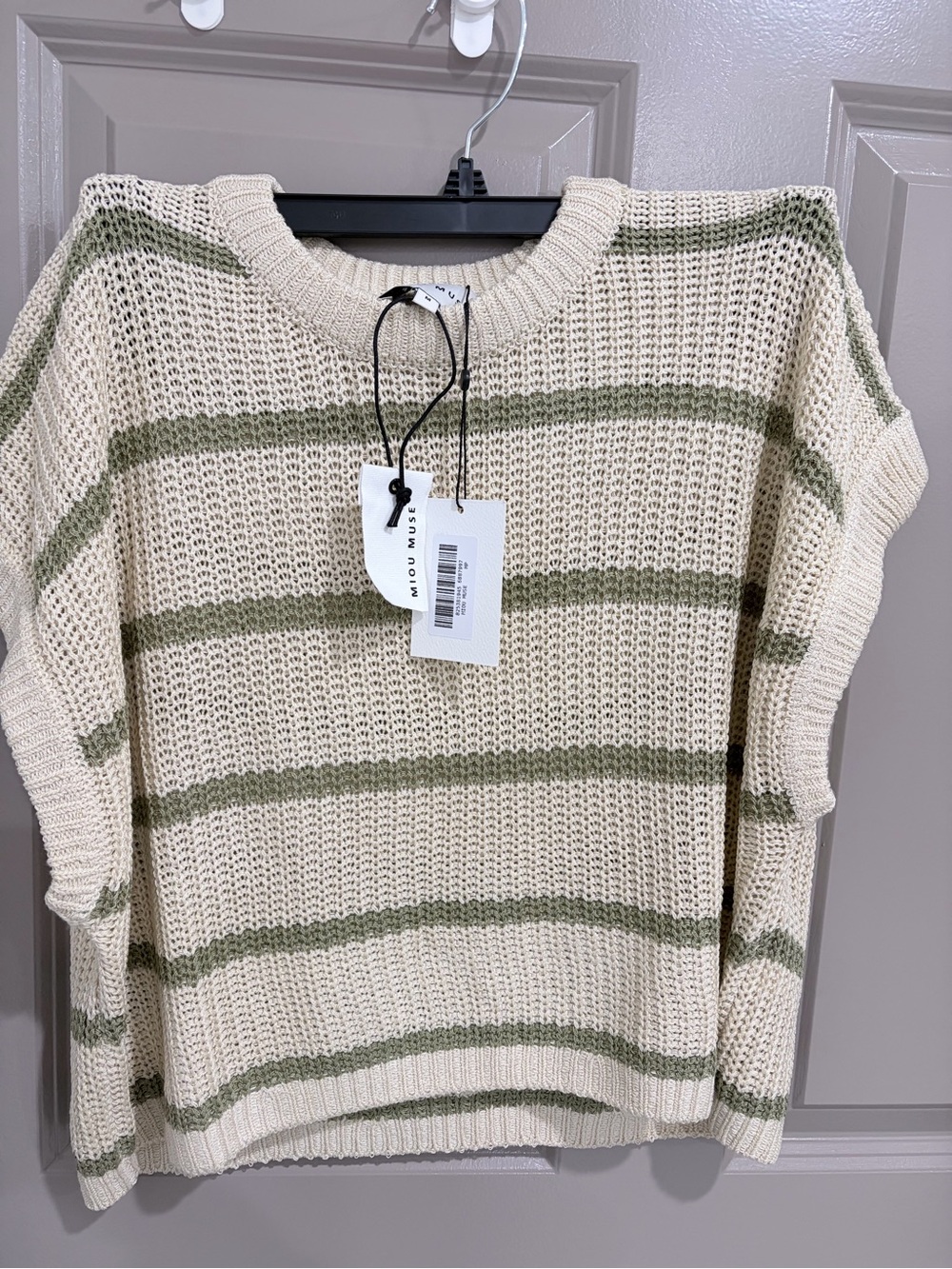 Miu Miu Cream Open-Knit Sweater with Olive Stripes